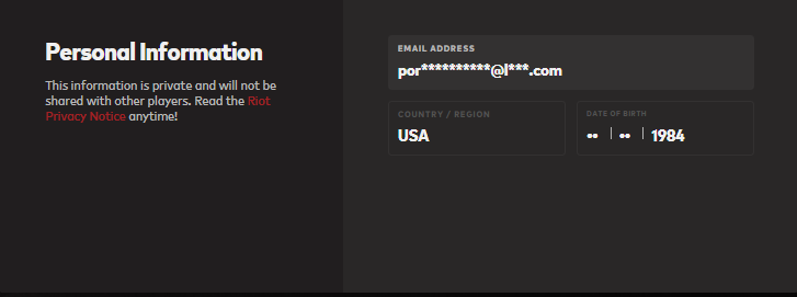 Box on the Riot Account Page where players enter their email address and personal information.
