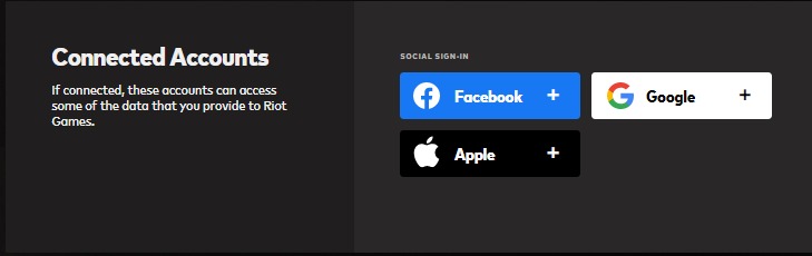 Box on the Riot Account Page where players can connect your account to Facebook and other social media accounts.