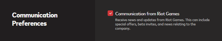 Box on the Riot Account Page where players can opt in to communications from Riot Games.