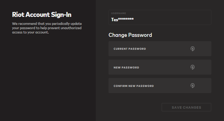 Box on the Riot Account Page where players can change their password.