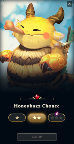 ملف تعريف الأسطورة الصغيرة Honeybuzz Choncc Tactician في برنامج عميل League of Legends، يُظهر للاعبين أنهم بحاجة إلى شظايا النجوم للوصول إلى مستوى 3 نجوم.